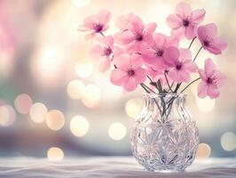 Delicate pink flowers arranged in a glass vase on a table photo
