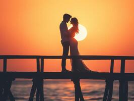 Couple embracing on a pier at sunset over the ocean photo
