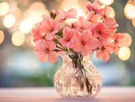 Beautiful pink flowers in a glass vase on a table photo