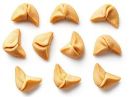 Fortune cookies arranged in a playful pattern on a white surface photo