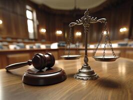 Courtroom setting with gavel and scales of justice displayed photo