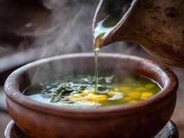 Warm herbal infusion prepared in a clay pot with fresh ingredients photo