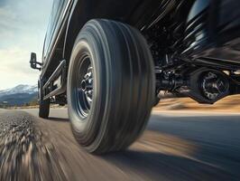 Close-up of truck tire on asphalt road with mountains in background photo