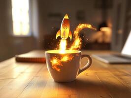 Rocket launching from a coffee cup creates a magical effect photo