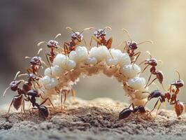 Ants collaborating to form a bridge over their larvae in nature photo