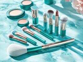 Shared beauty tools arranged on a serene turquoise surface photo