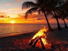 Beautiful sunset by the beach with a bonfire and palm trees photo