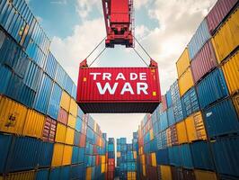 Crane lifting red container labeled trade war at cargo port photo