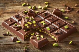Chocolate bar with pistachios on rustic wooden surface photo