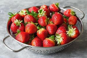 Freshly washed strawberries in a colander on a kitchen counter photo