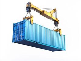 Heavy crane lifting a blue shipping container at a port photo