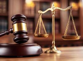 Justice tools are displayed on a wooden table photo