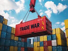 Red container labeled trade war being lifted at a busy shipping yard photo