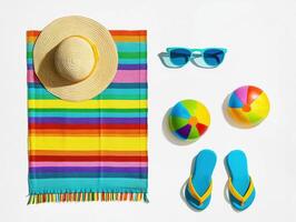 Colorful beach essentials arranged for a fun day under the sun photo