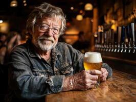 Elderly man enjoying a craft beer at a cozy bar in the evening photo