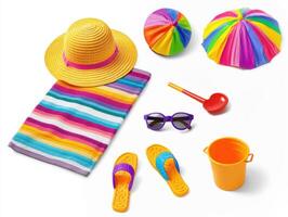 Summer beach essentials arranged on a colorful towel photo