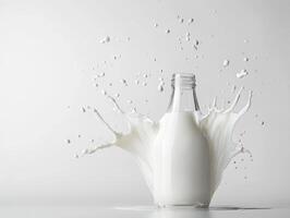 Milk splashing from a glass bottle on a white background photo