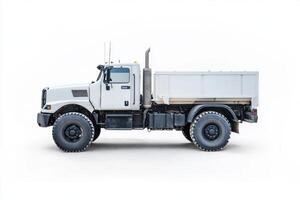 Heavy-duty truck parked on white background in daytime setting photo