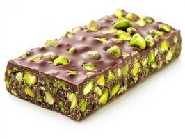 Delicious chocolate pistachio bar with crunchy nuts photo
