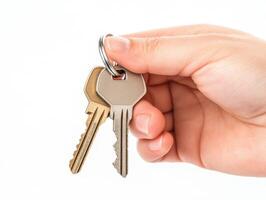 Hand holding keys against a plain background photo