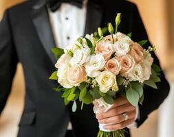 Elegant bridal bouquet held by groom in formal attire photo