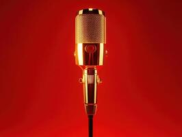 Gold microphone on stand with vibrant red background photo