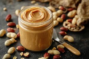 Peanut butter in a jar with assorted nuts on a kitchen counter photo