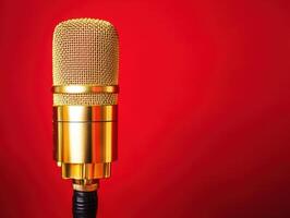dorado micrófono en un rojo antecedentes para música actuaciones foto
