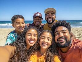 Family enjoying a sunny day at the beach with smiles and laughter photo