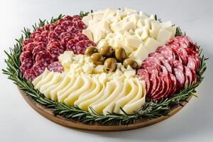 Cheese and charcuterie platter surrounded by fresh herbs photo