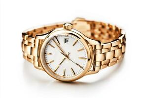 Elegant gold watch on a white background showcasing timeless style photo