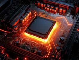 Computer motherboard with glowing components and intricate design photo