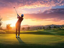 Golfer swings during sunset on a scenic golf course photo