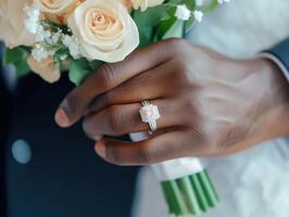 Elegant engagement ring displayed with delicate bouquet of roses photo