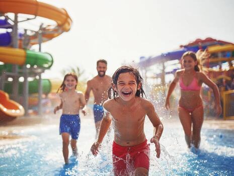 Family enjoying summer fun at a water park with slides and joy photo
