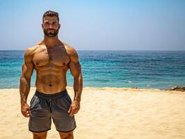 Male model poses confidently by the beach during sunny weather photo