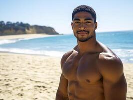 Strong man enjoying a sunny day at the beach by the ocean photo