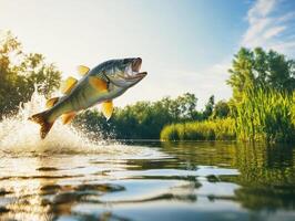 Large fish leaps from the water in a peaceful lake at sunset photo