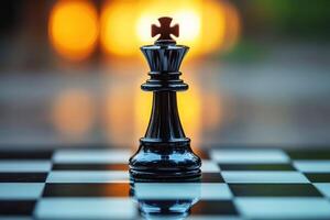 Black chess king piece stands tall on a checkered board at dusk photo
