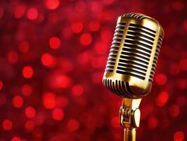Golden microphone shines against festive red background photo