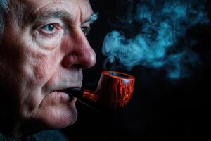 Elderly man enjoys pipe smoking with a contemplative gaze photo