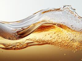 Liquid splash creates dynamic wave with bubbles at golden hue photo