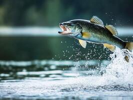 Fish leaps from clear lake waters in a dramatic display photo
