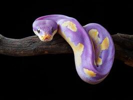 python resting on a branch in a dark setting photo