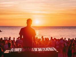 Sunset beach party with DJ entertaining large crowd photo