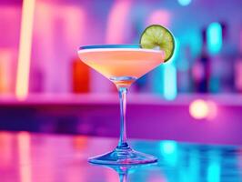 Colorful cocktail resting on a bar in a vibrant nightlife setting photo