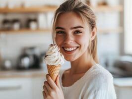 Young woman enjoying ice cream cone in bright kitchen setting photo