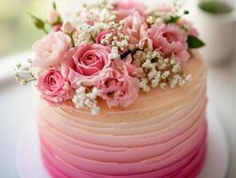 Decorative cake with pink flowers and layers at a festive setting photo