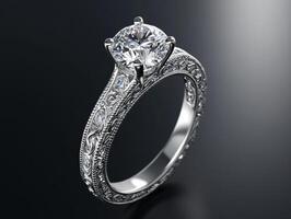 Elegant silver ring with a large diamond on a dark background photo