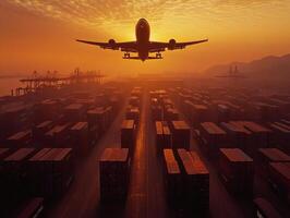 Sunset landing of an airplane over a cargo port photo